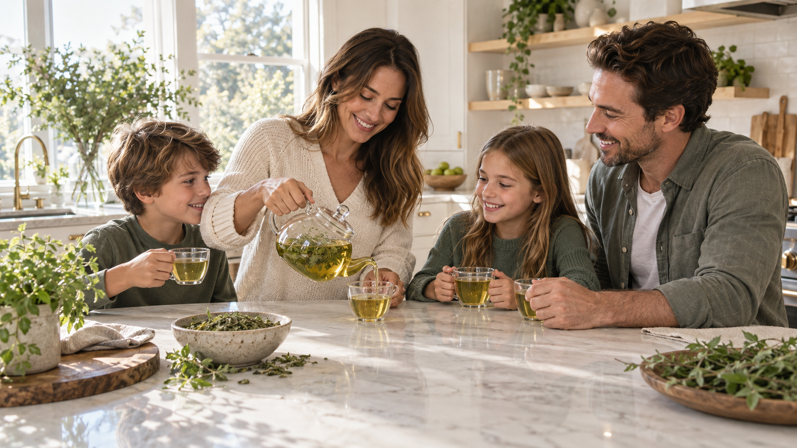 Young family sharing Lippia chevalieri herbal tea in a bright American kitchen
