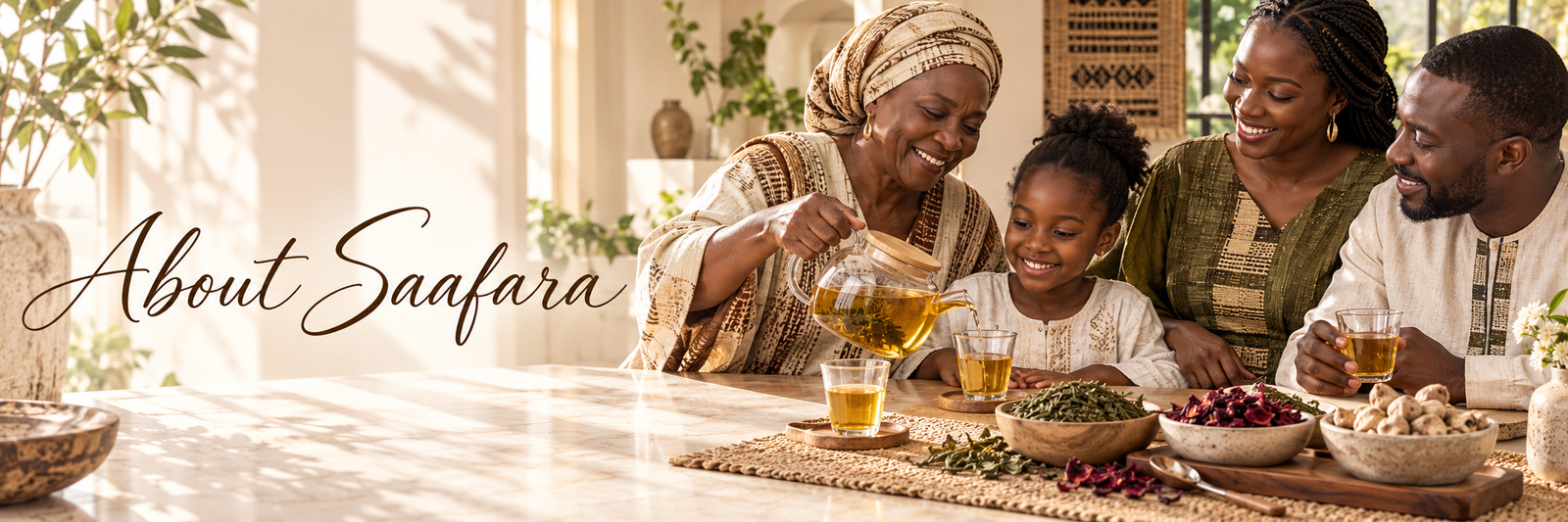 West African family sharing golden herbal tea together for the Saafara About Us story