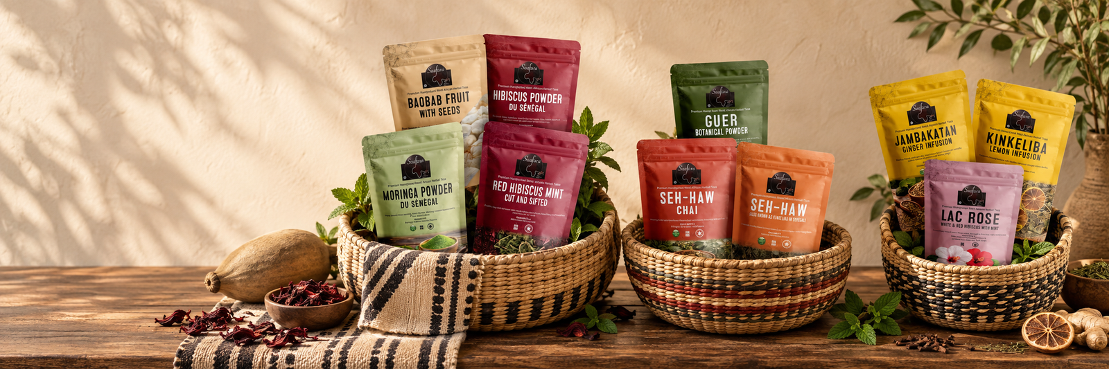 Three handwoven West African baskets filled with colorful Saafara herbal tea products
