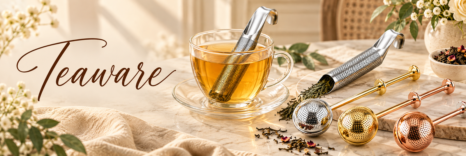 Elegant Saafara tea infusers arranged beside a glass cup of amber tea