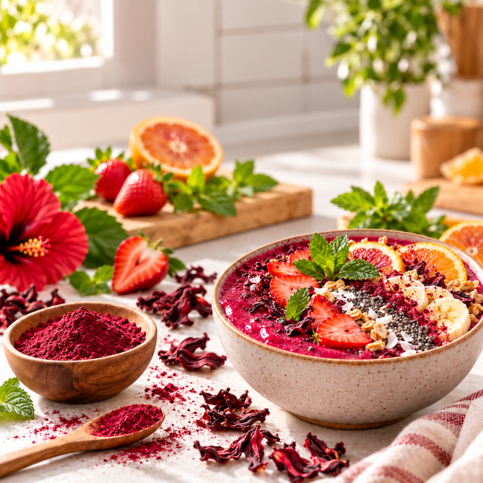 Hibiscus berry smoothie bowl with fresh fruit, mint and hibiscus powder
