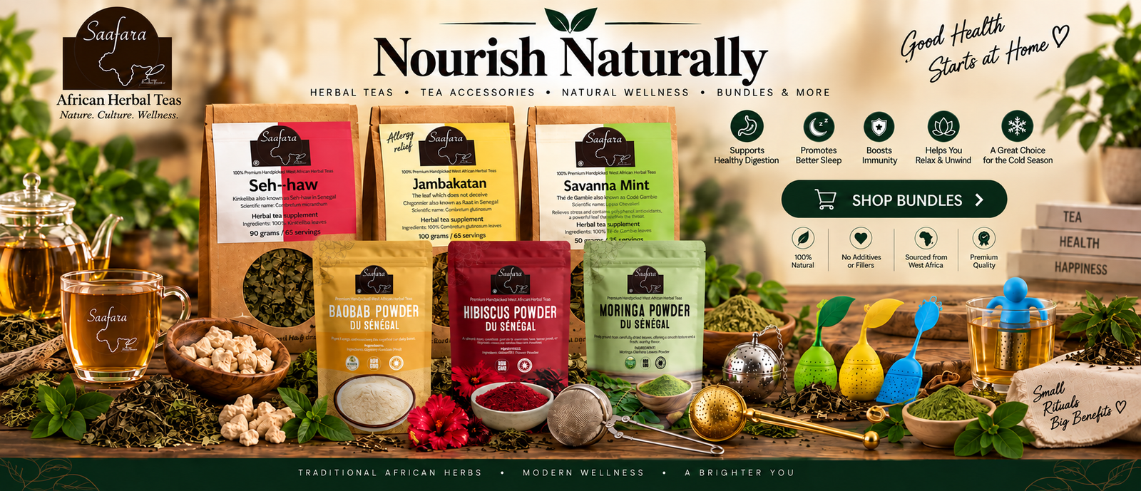 Saafara herbal teas, tea accessories and wellness bundles arranged together