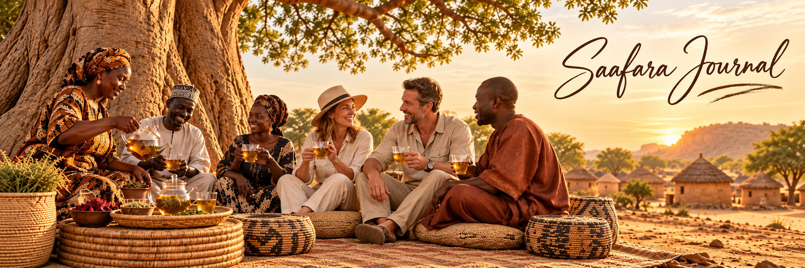 Saafara Journal tea gathering under a baobab tree with West African hosts and international guests