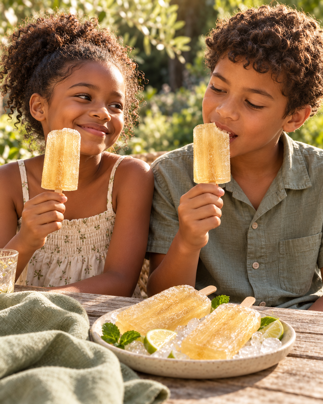 Two children enjoying light golden white hibiscus popsicles at a garden table