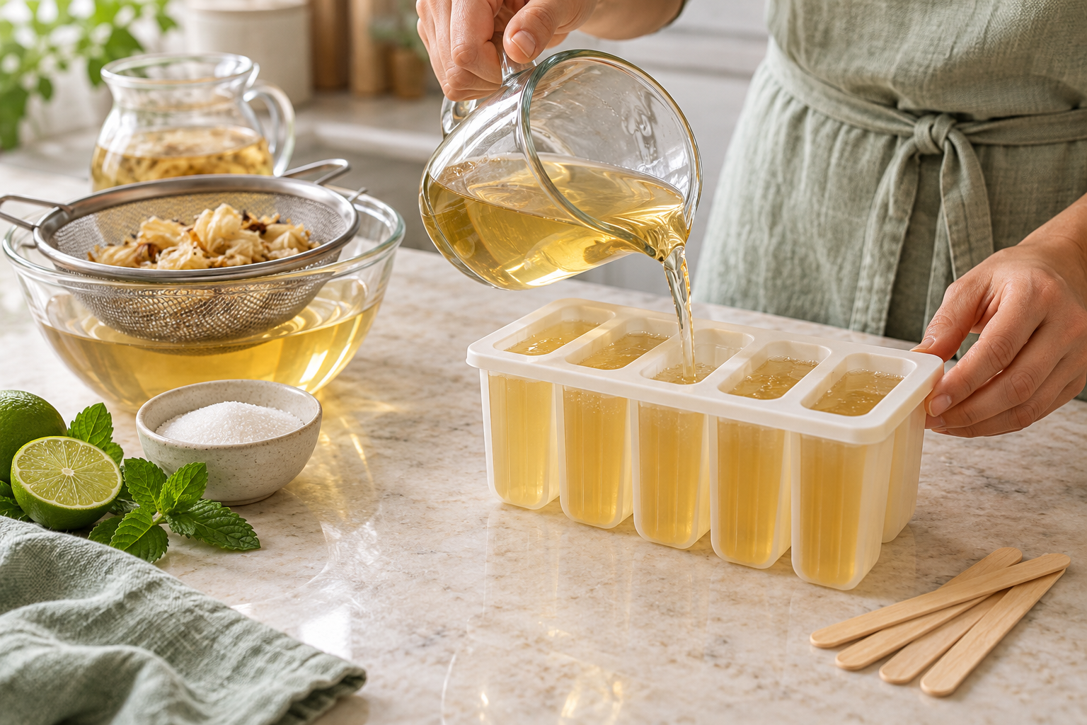 Strained golden white hibiscus tea being poured into popsicle molds