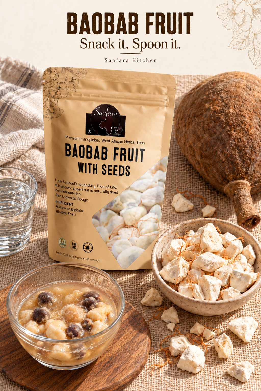 Baobab dry fruit snack and soaked fruit pieces with the Saafara pouch.