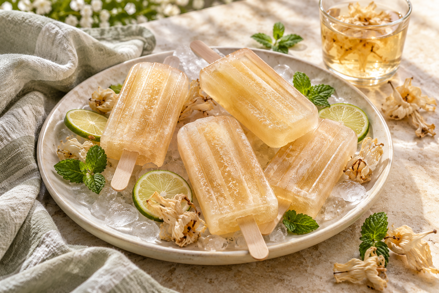 Golden white hibiscus popsicles with lime and mint