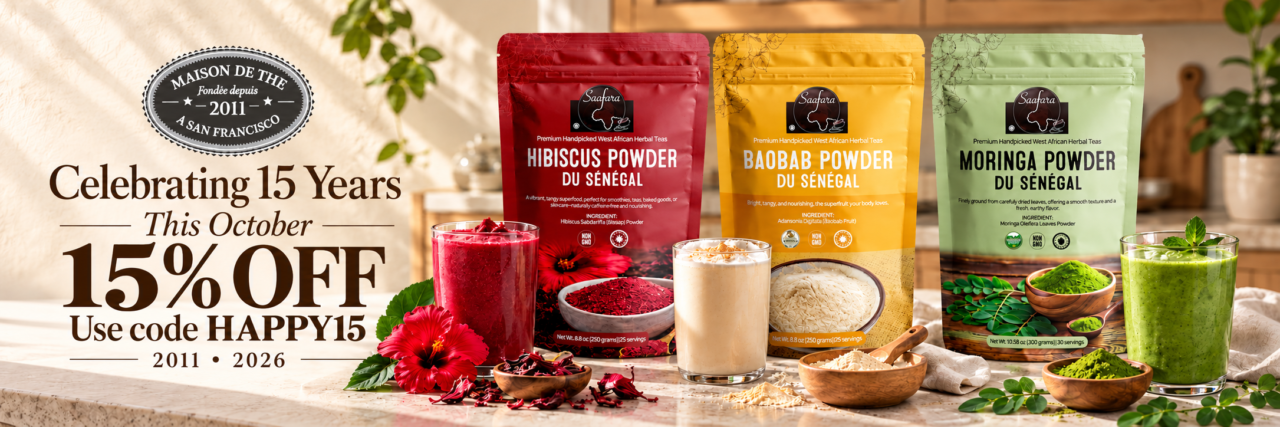 Saafara Hibiscus, Baobab and Moringa powders. Anniversary offer: 15% off with HAPPY15.