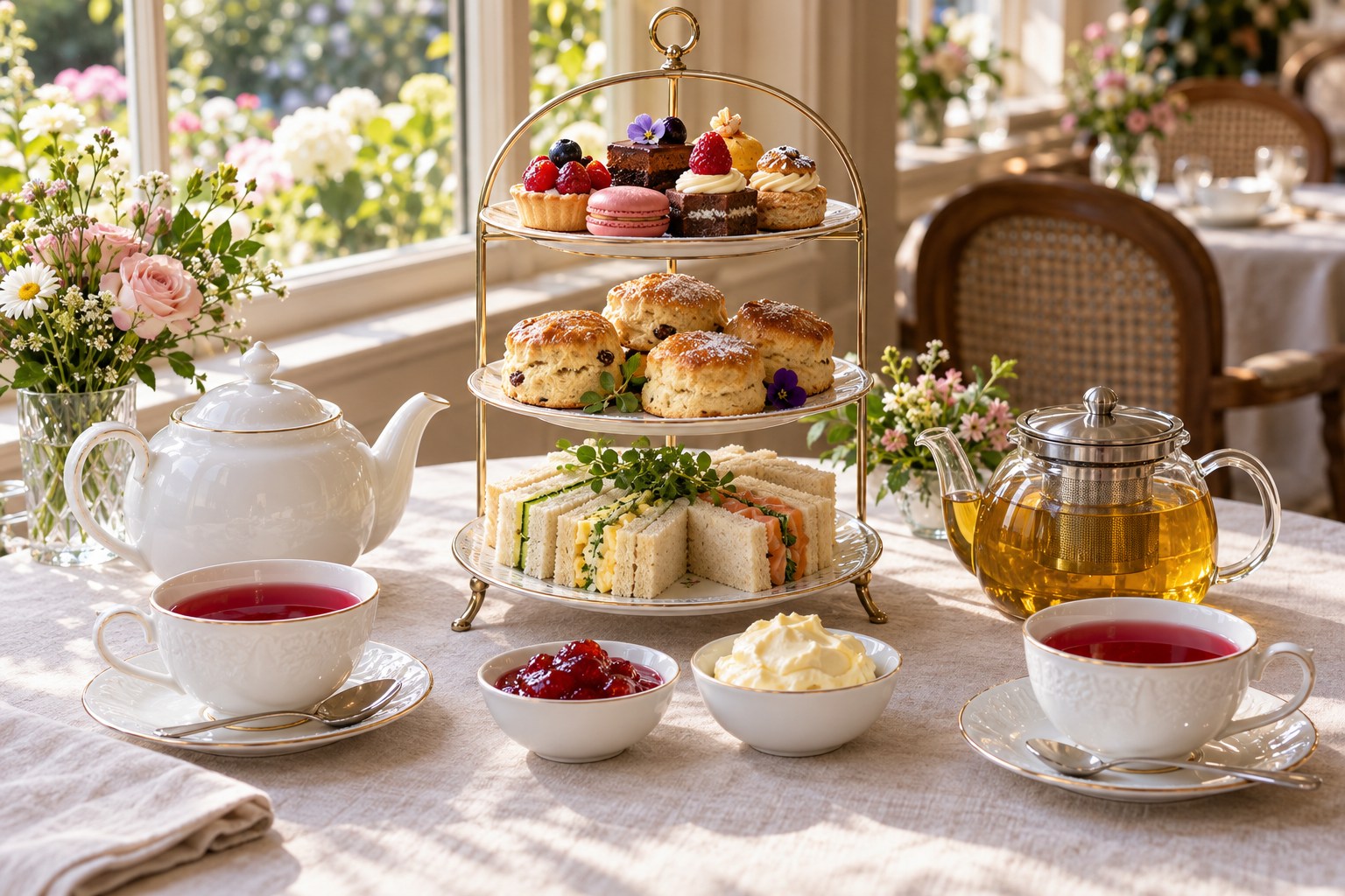 British-style afternoon tea with hibiscus and Sehhaw, sandwiches, scones and pastries