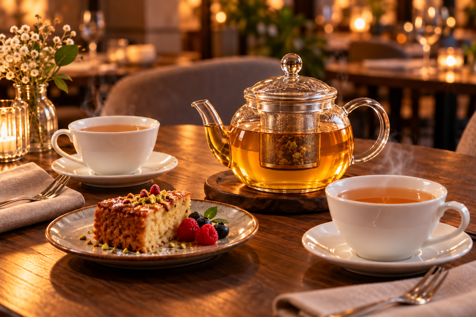 Hot amber Sehhaw herbal tea brewed with a mesh infuser