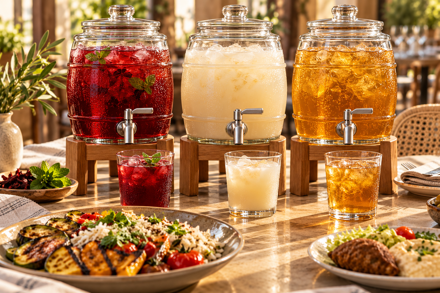 Barrel-style dispensers with taps serving hibiscus mint, baobab and Sehhaw drinks alongside restaurant meals