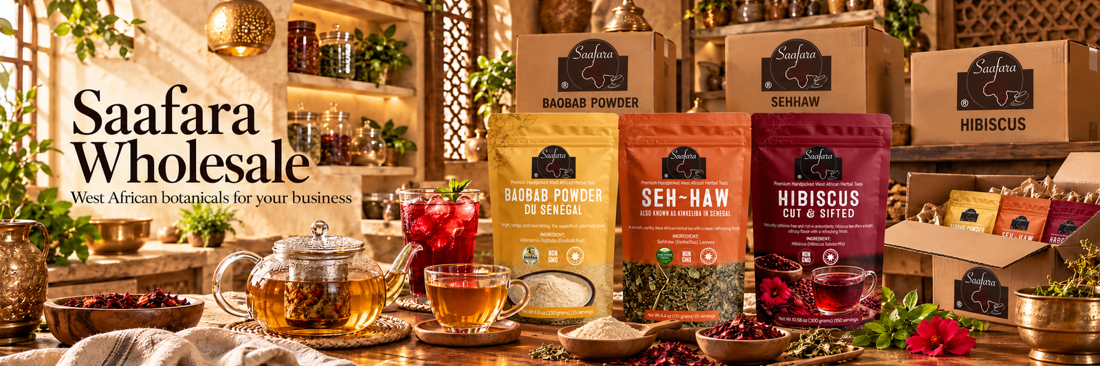 Saafara Baobab Powder, Sehhaw and Hibiscus pouches with branded wholesale cartons in a warm herbal tea shop.