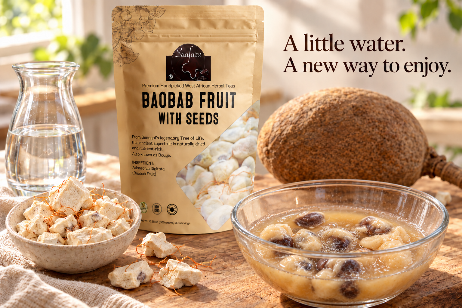 Saafara Baobab Fruit with Seeds, enjoyed dry or softened with a little water.