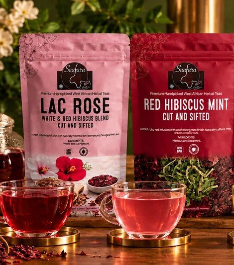 Saafara Lac Rose and Red Hibiscus Mint teas with glass cups